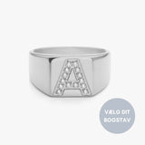 Krystal Bogstav Firkantet Signet Ring Sølvfarvet