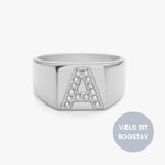 Krystal Bogstav Firkantet Signet Ring Sølvfarvet