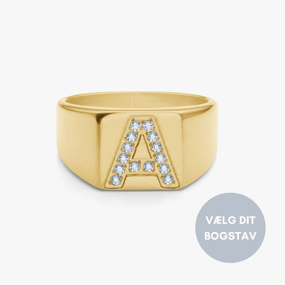 Krystal Bogstav Firkantet Signet Ring 18K Guldbelagt