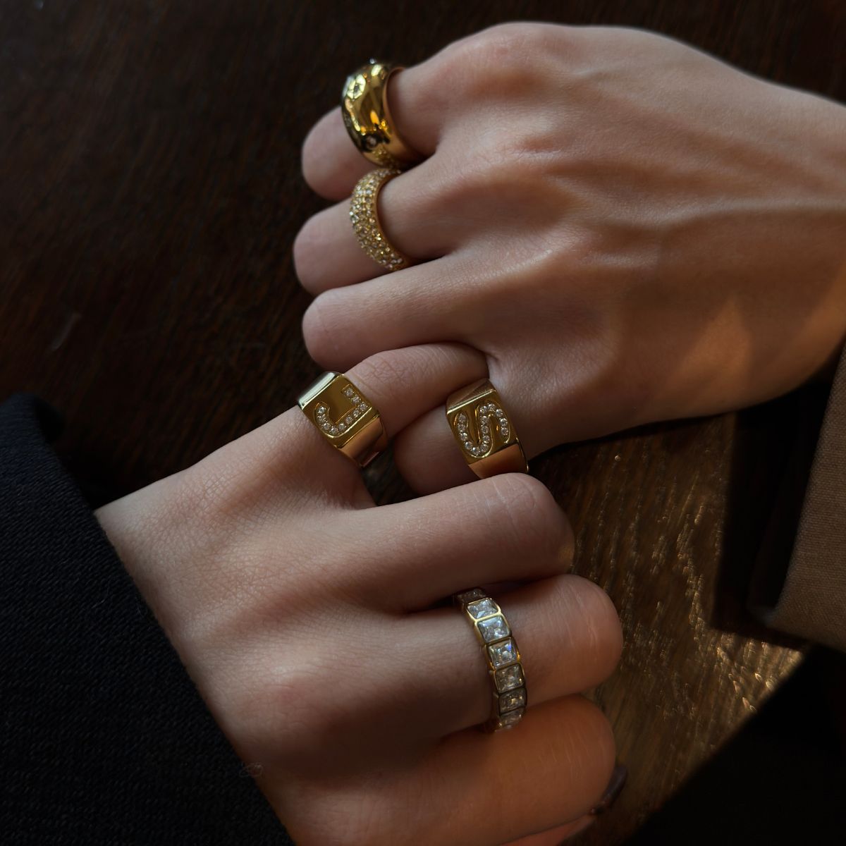 Crystal Letter Square Signet Ring 18K Gold Plated