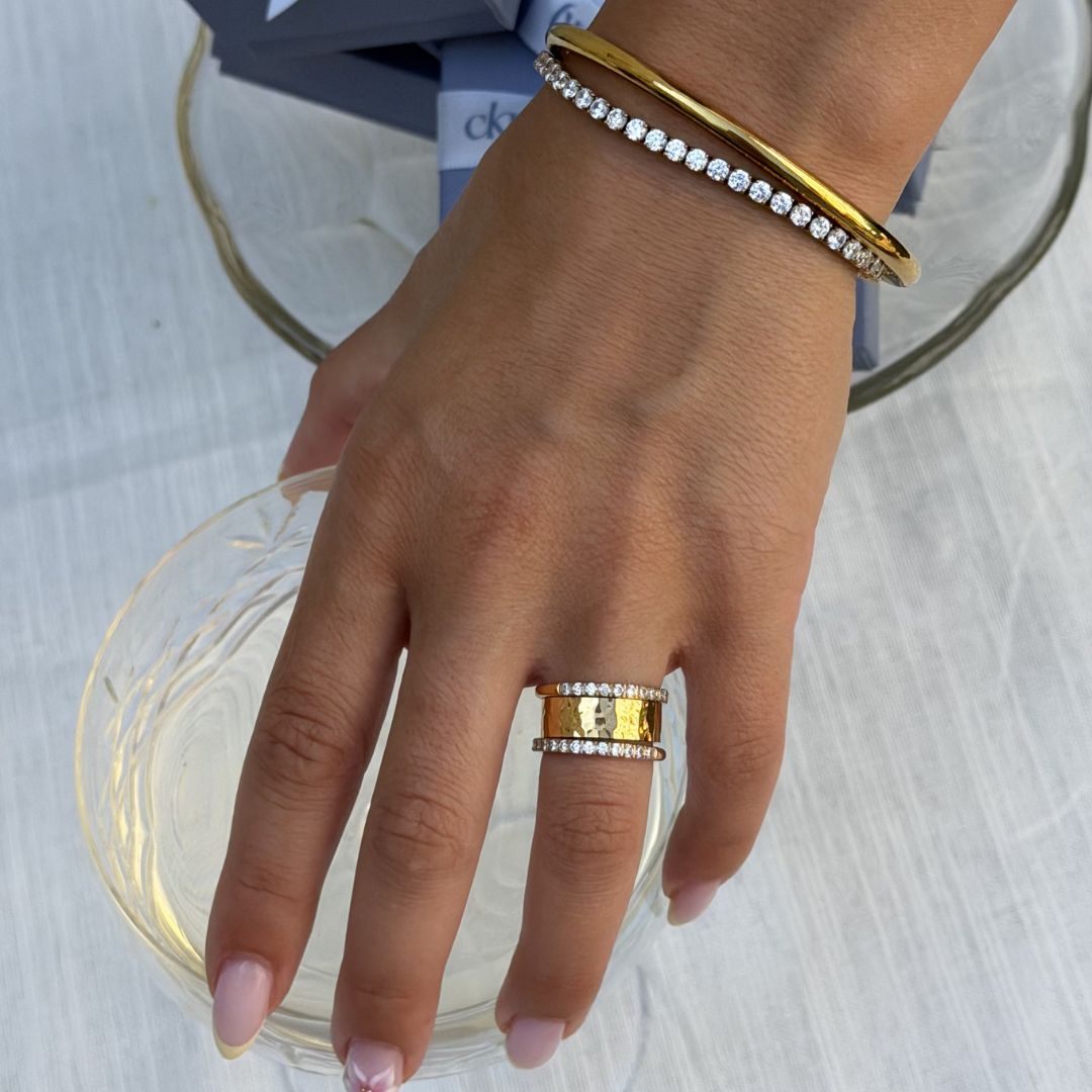Hamret & Krystal Bangle Sæt 18K Guldbelagt